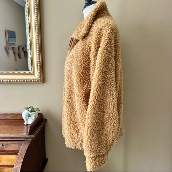 Express Camel Cozy Teddy Jacket Brown Tan Sherpa  Fleece Oversized Zip Size XS - Picture 6 of 14